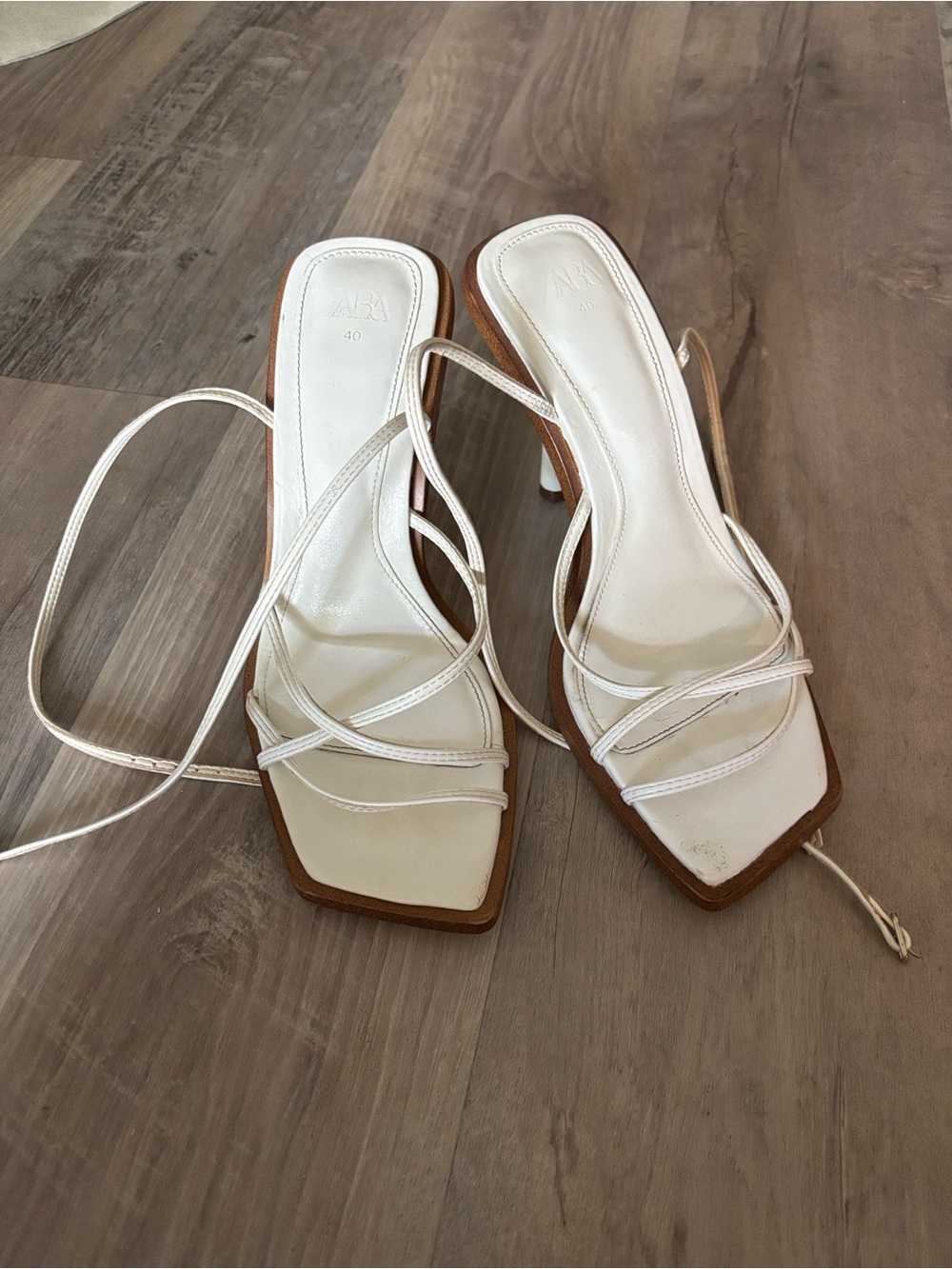 ZARA Cream Strappy Square-Toe Lace-Up Heels 40